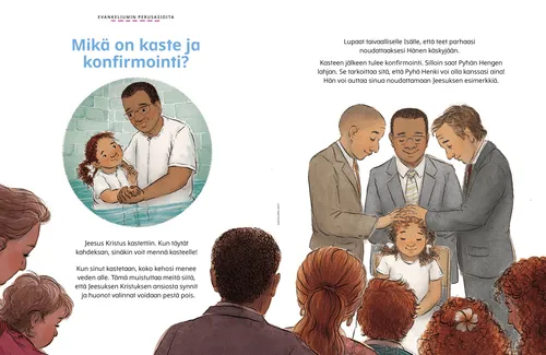 PDF-sivu, jossa mies kastaa tytön ja tyttö on konfirmoitavana