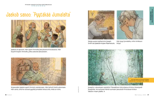 Kertomuksen PDF, jossa Jaakob opettaa ja Joseph Smith rukoilee