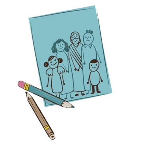 5 spots: 1. A dance party with a boy and a girl dancing. They are between the ages of 5-10. 2. A child-like drawing of a family standing with the Savior, Jesus Christ, in the middle of them. There are a couple of colored pencils next to it. 3. A basket with folded up pieces of paper in it and a couple pieces next to it. 4. A sidewalk chalk drawing of the sun with small river rocks placed over part of it. 5. A piece of writing paper shaped like a pineapple.