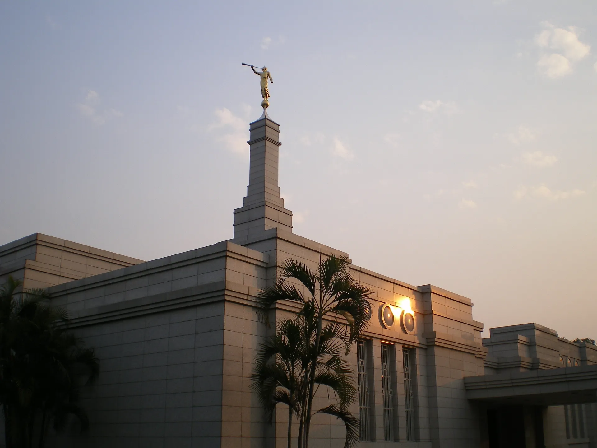 An exterior view of the Asunción Paraguay Temple during a sunset.