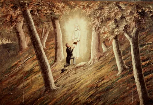 Joseph Smith depicted kneeling on the Hill Cumorah as the angel Moroni stands above him. The angel Moroni appears dressed in white and surrounded by intense light as he is holding the gold plates. The event took place on September 22, 1827. Painting number 2 of the 23 paintings in the "Mormon Panorama" series.