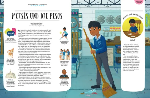 PDF: Ein Junge fegt in einem Laden den Boden; er füllt einen Spendenzettel aus