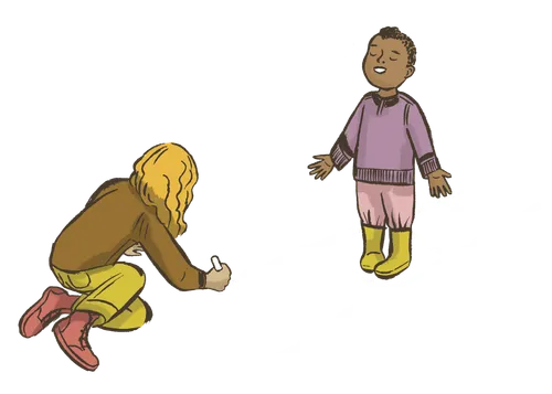 girl drawing ladder with chalk on ground