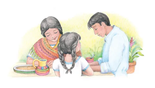 A watercolor illustration of a family sitting down to eat and bowing their heads in prayer over their food.
