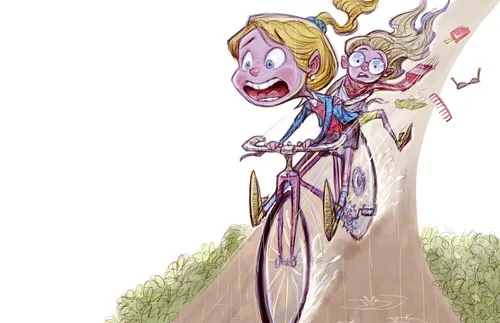 two girls with panicked looks on a bicycle