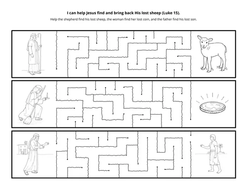 A maze with artwork depicting the lost sheep, the lost coin, and the prodigal son.