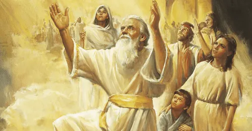 The Old Testament prophet Enoch and people from the City of Zion being translated. The people are depicted kneeling on a cloud. Enoch has his arms raised in the air.