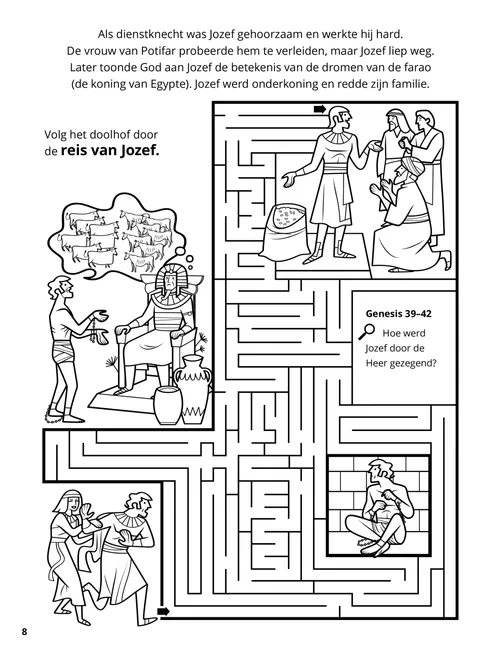 Pdf met kleurplaat van taferelen uit het leven van Jozef in Egypte en een doolhofactiviteit