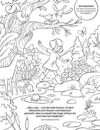 a coloring page of a girl walking through a forest scene