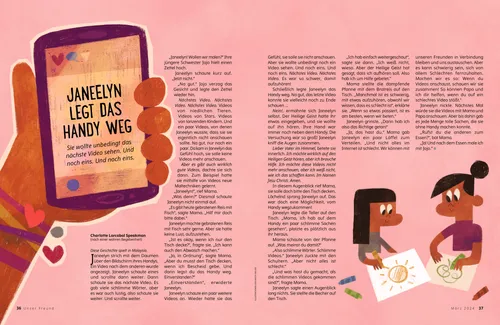 PDF: Eine Hand hält ein Handy; zwei Mädchen malen zusammen