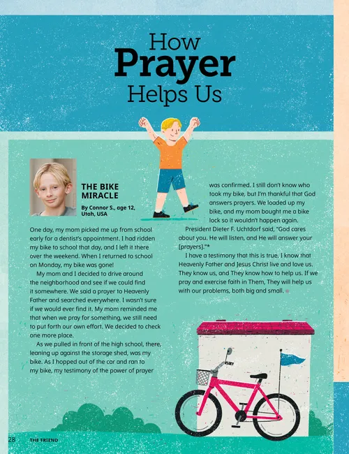 Page PDF with illustrations of a boy with his arms raised and a bike against a shed, two men giving a boy a blessing, and a smiling child wrapped in a blanket