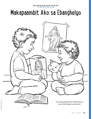 coloring page of boy showing picture of Jesus