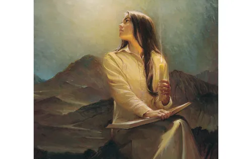 young woman with a book in her lap and holding a candle looking over her shoulder at a bright light