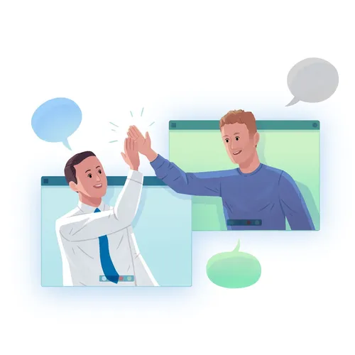 two men giving each other a high five through computer screens