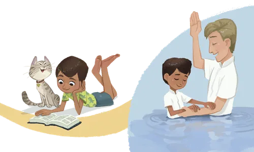 Boy reading the scriptures and getting baptized
