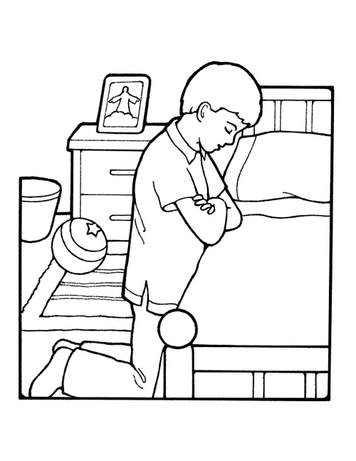 A black-and-white illustration of a boy kneeling to pray next to his bed with a framed picture of the resurrected Christ on his nightstand.