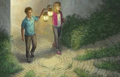 young man and young woman walking with lanterns
