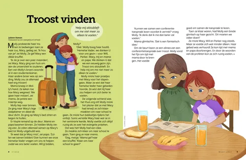 Pagina (pdf) met illustraties van een meisje dat haar oudere zus omhelst en hetzelfde meisje dat met haar moeder een tijdschrift leest tijdens het ontbijt