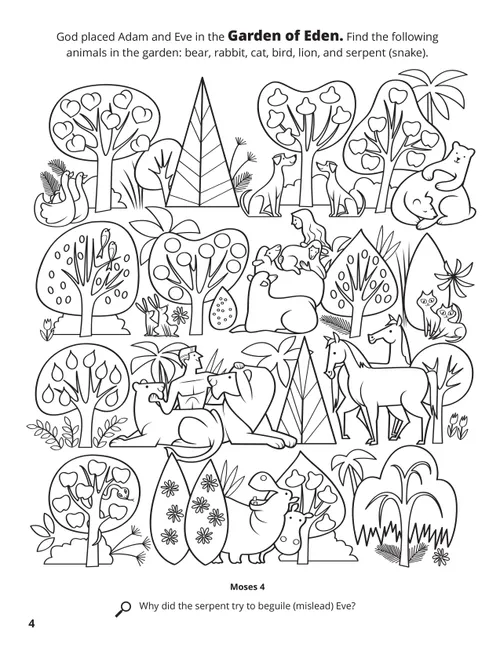 A line image of the Garden of Eden with an animal search and find game.