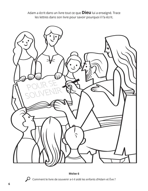 Coloriage au format PDF représentant Adam écrivant dans un livre, entouré d’enfants