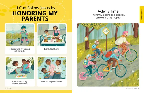 Page PDF with illustrations of children riding a scooter with a helmet, helping prepare a meal, playing a board game with the family, and walking outside with parents; plus an activity to find shapes in an illustration of a family on a bike ride