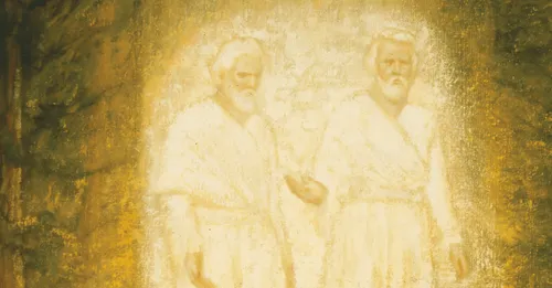 Joseph Smith in the Sacred Grove looking up at the personages of God the Father and Jesus Christ