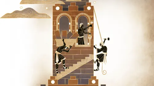 tower with men climbing up it with a rope and stairs