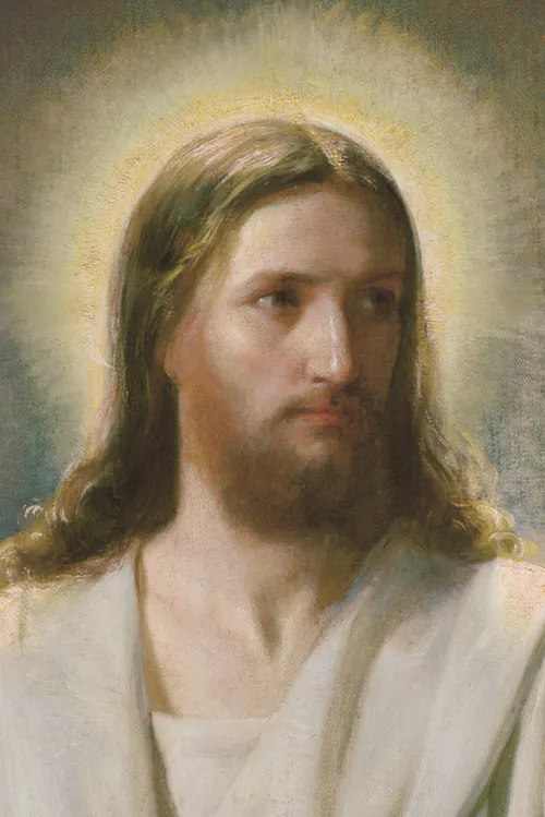 Cropped portion of Carl Bloch's painting depicting Christ sitting at a table with the two men with whom He walked on the road to Emmaus.