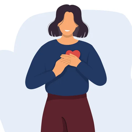 an illustration of a young adult smiling and putting her hands over her heart