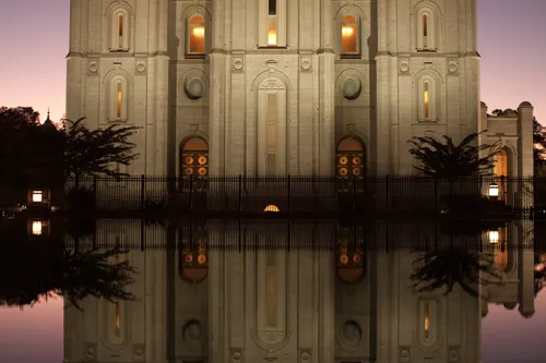 The reflecting pond on the grounds of the Salt Lake Temple, with the temple’s reflection in the late evening.