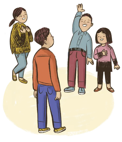 Children playing a game, one of them has a hand raised.