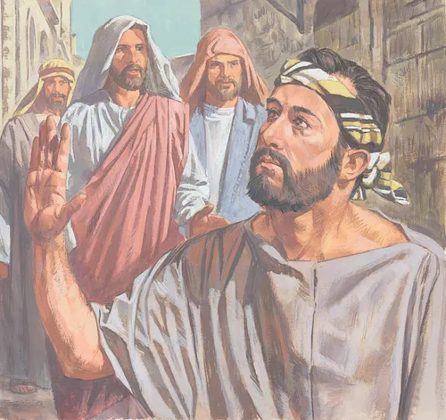 Jesus and disciples approaching blind man