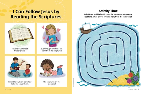 Story PDF with images of children and the scriptures, plus a maze activity