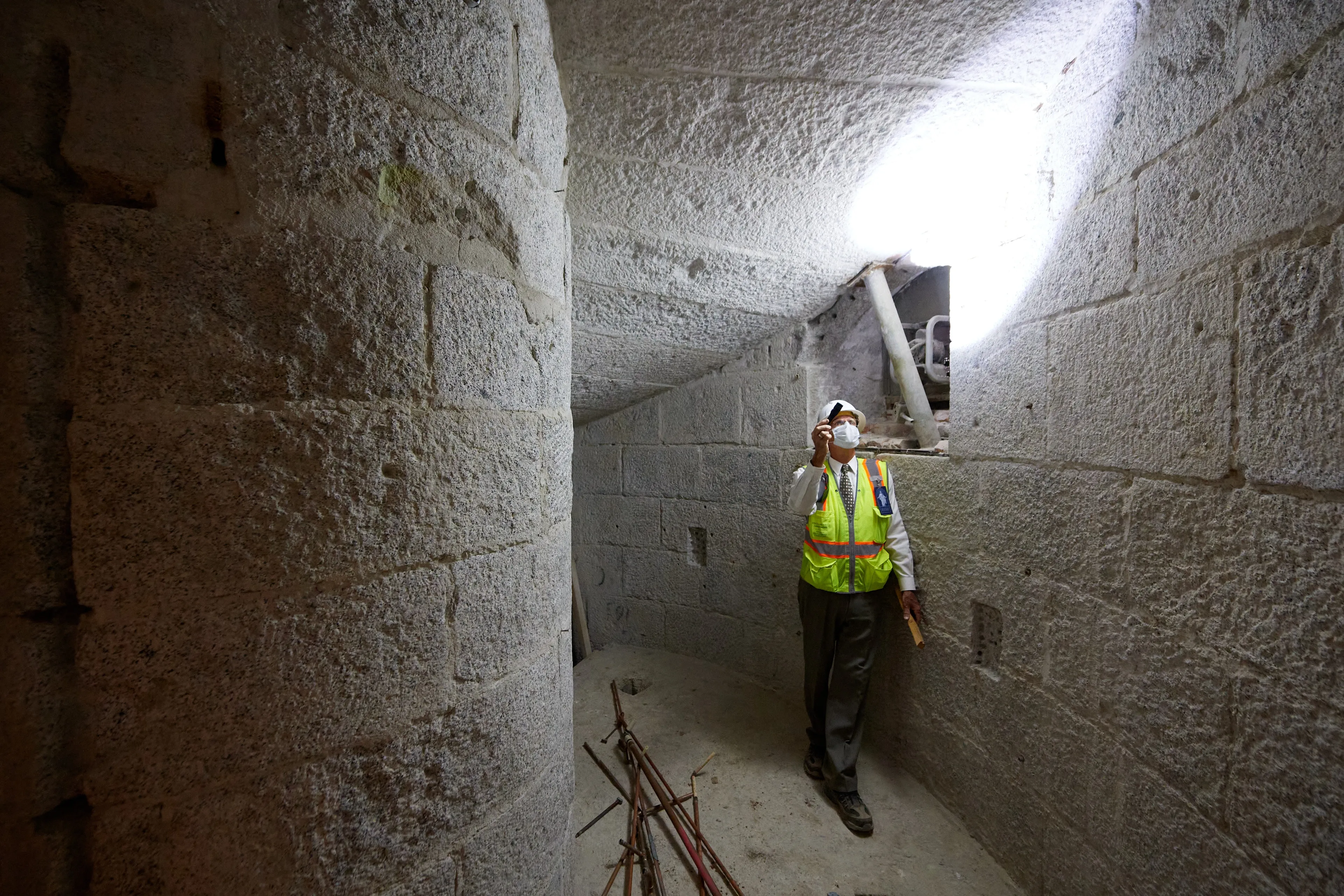 Construction on the Salt Lake Temple during September, 2020. Construction workers are working inside the temple. 