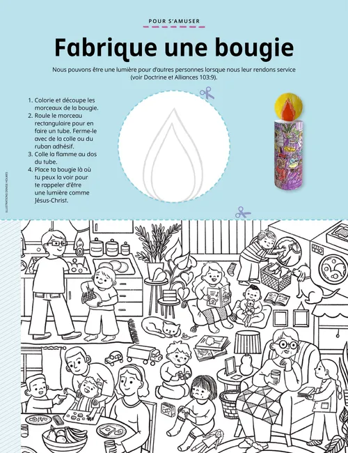 Illustrations montrant comment fabriquer une bougie en papier, ainsi qu’une activité de coloriage représentant des gens faisant preuve de gentillesse