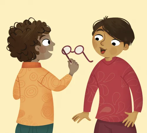 A boy returning the glasses to their owner