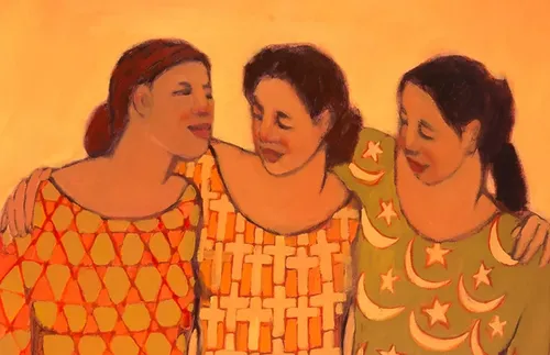 three women standing with arms around each other