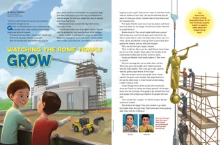 boys looking at bulldozer and crane at Rome temple