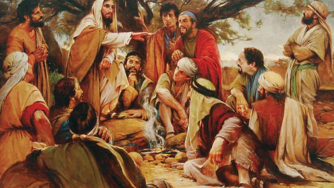 One oil painting on wooden panel.  Depicts Jesus instructing the Twelve in a rocky landscape beneath a tree.  The light suggests early evening.  Rmenamts of a small campfire are evident.  Jesus extends his right arm while the standing and sitting apostles look at him with a variety of expressions and assumed poses.  The subject and title are taken form Matthew Chapter 10.