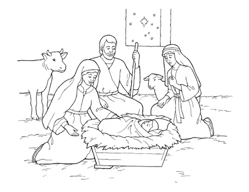 A black and white illustration of Mary, Joseph, and the baby Jesus surrounded by animals, with stars seen out of a nearby window.