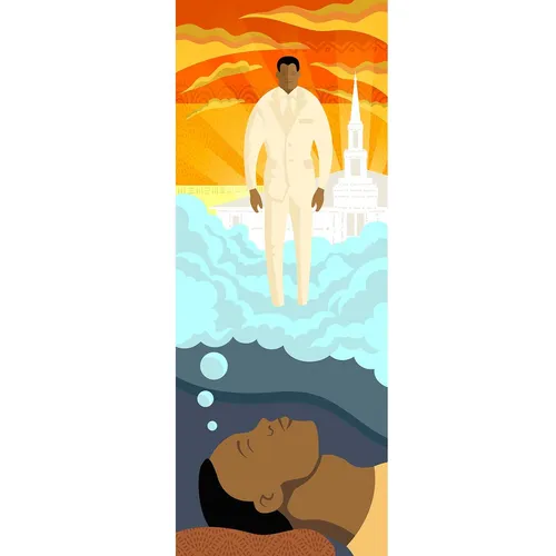 man having a dream that includes a temple and a man dressed in white