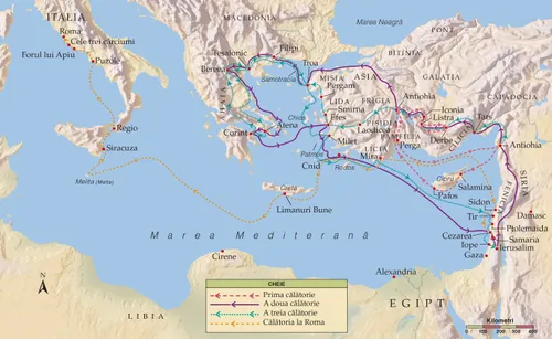 Hartă cu locuri din Biblie. Călătoriile misionare ale apostolului Pavel.