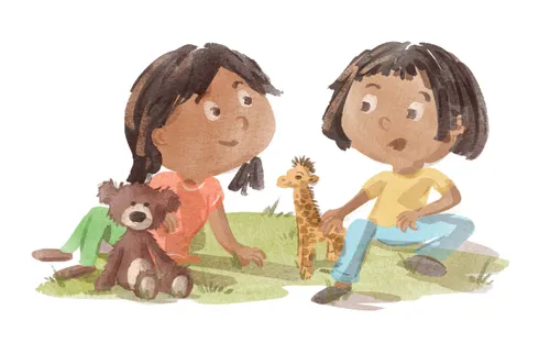 Two girls playing with stuffed animals