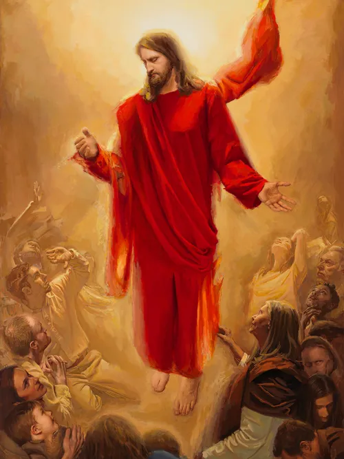 Jesus descending and wearing a red robe