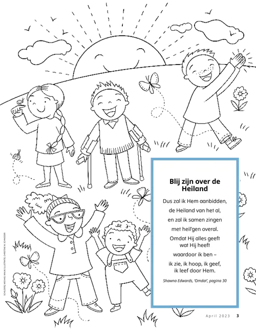 Pdf met kleurplaat van blije kinderen op een heuvel