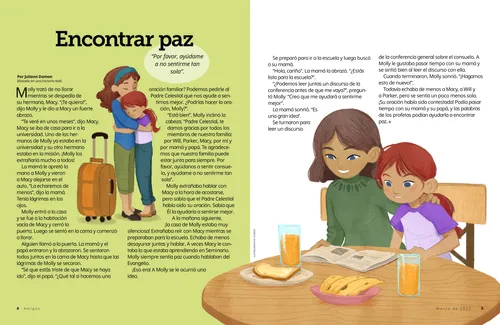 Página en PDF con ilustraciones de una niña abrazando a su hermana mayor, y la niña sentada con su mamá durante el desayuno leyendo una revista