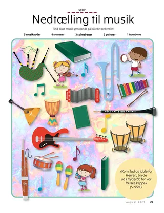 page with musical instruments scattered around