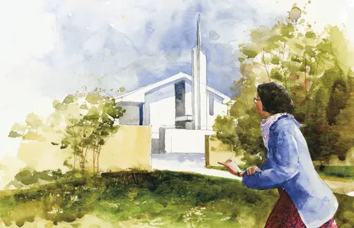 woman rushing to church