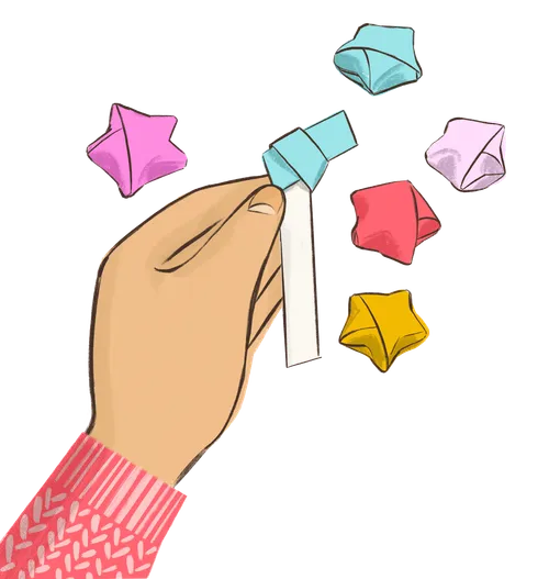 Panel 1 SPOT 1: Hand folding a strip of paper and includes small origami stars. SPOT 2: A boy holding a backpack with rocks in it. SPOT 3: Boy and girl holding little cards and playing a matching game together. SPOT 4: Girl ringing a bell. Illustrations reference to a program that the kids can put on about symbols that represent Christ.