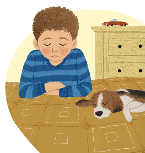 Illustration of boy kneeling at bedside to pray